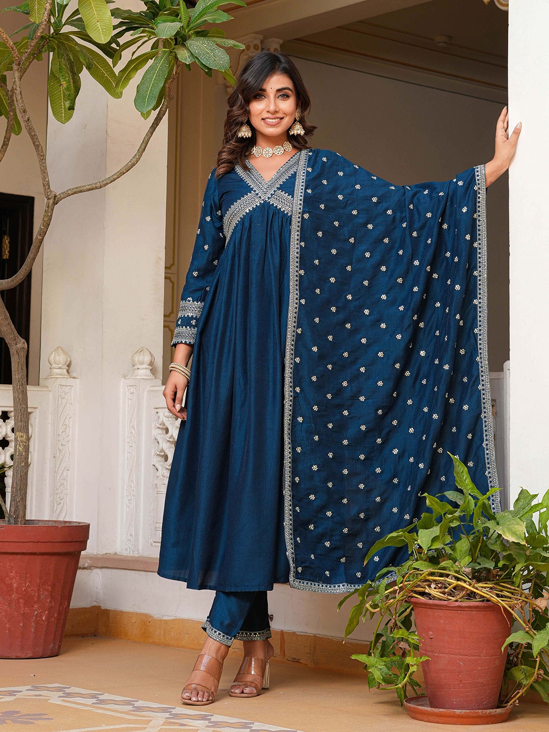 

AMIRAS INDIAN ETHNIC WEAR Embroidered V-Neck Anarkali Kurta With Trousers & Dupatta, Blue