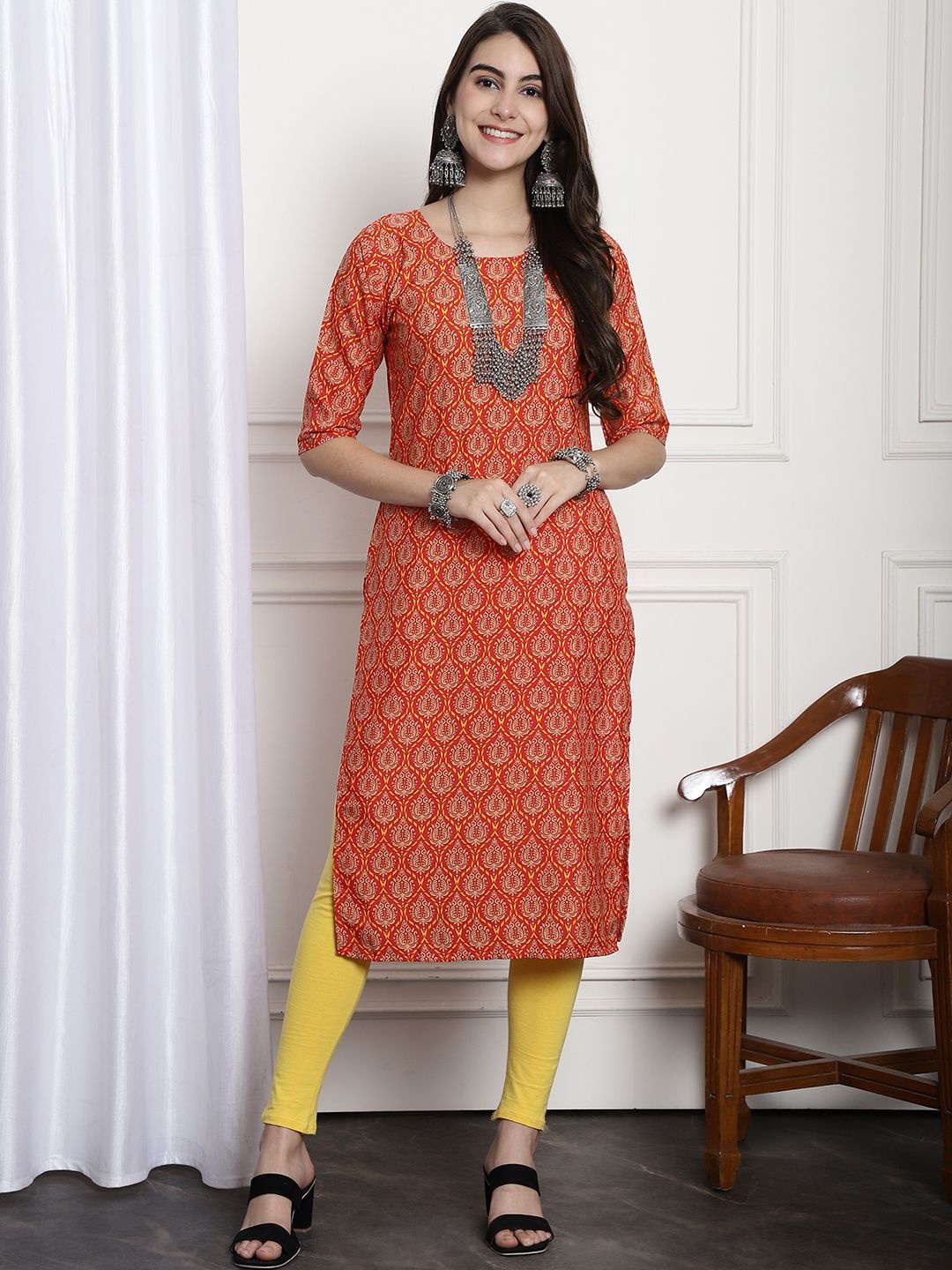 

7Threads Selections of 6 Ethnic Motifs Printed Straight Kurtas, Red