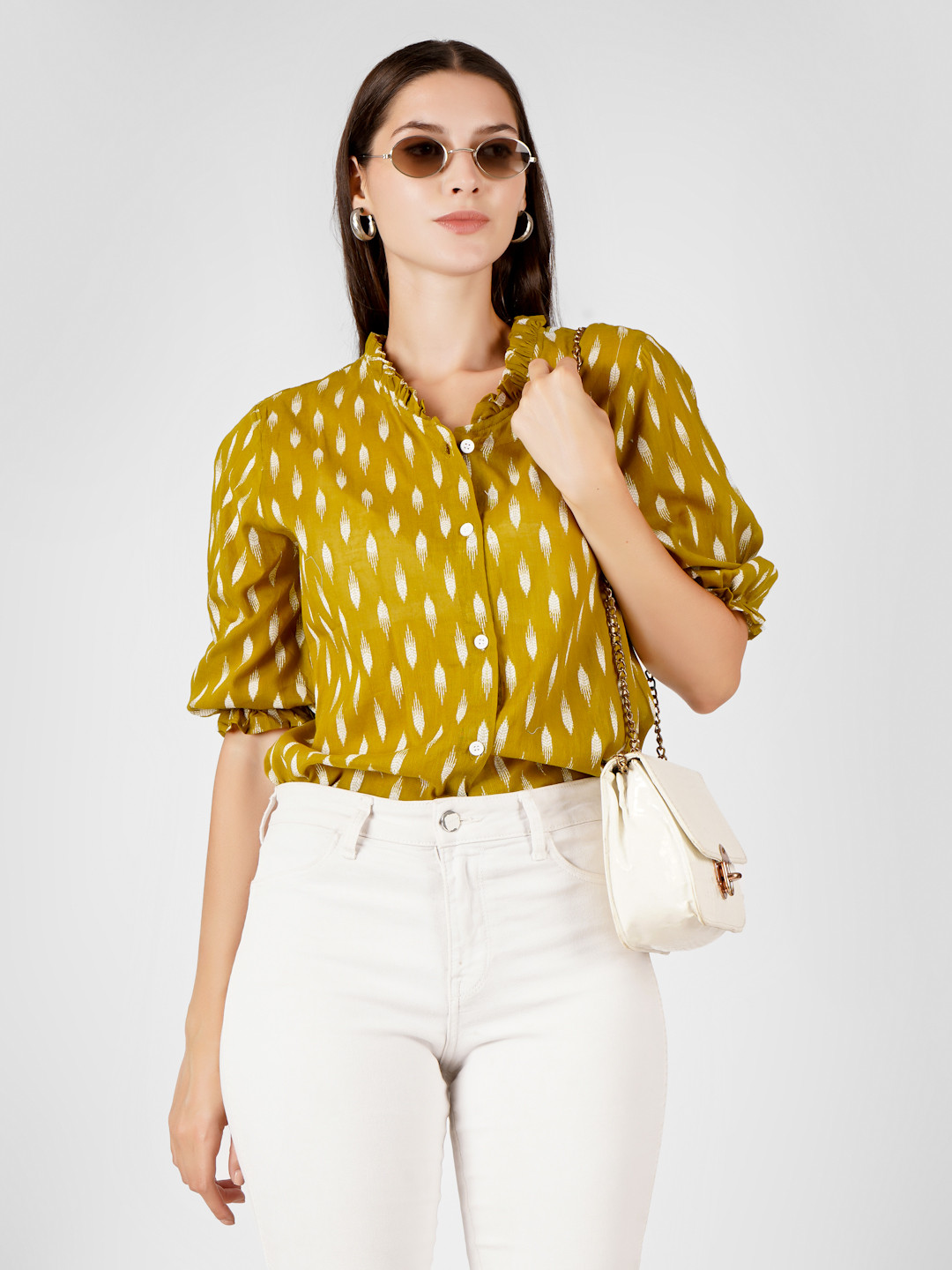 

Kinjo Women Abstract Printed Mandarin Collar Cotton Shirt Style Top, Mustard