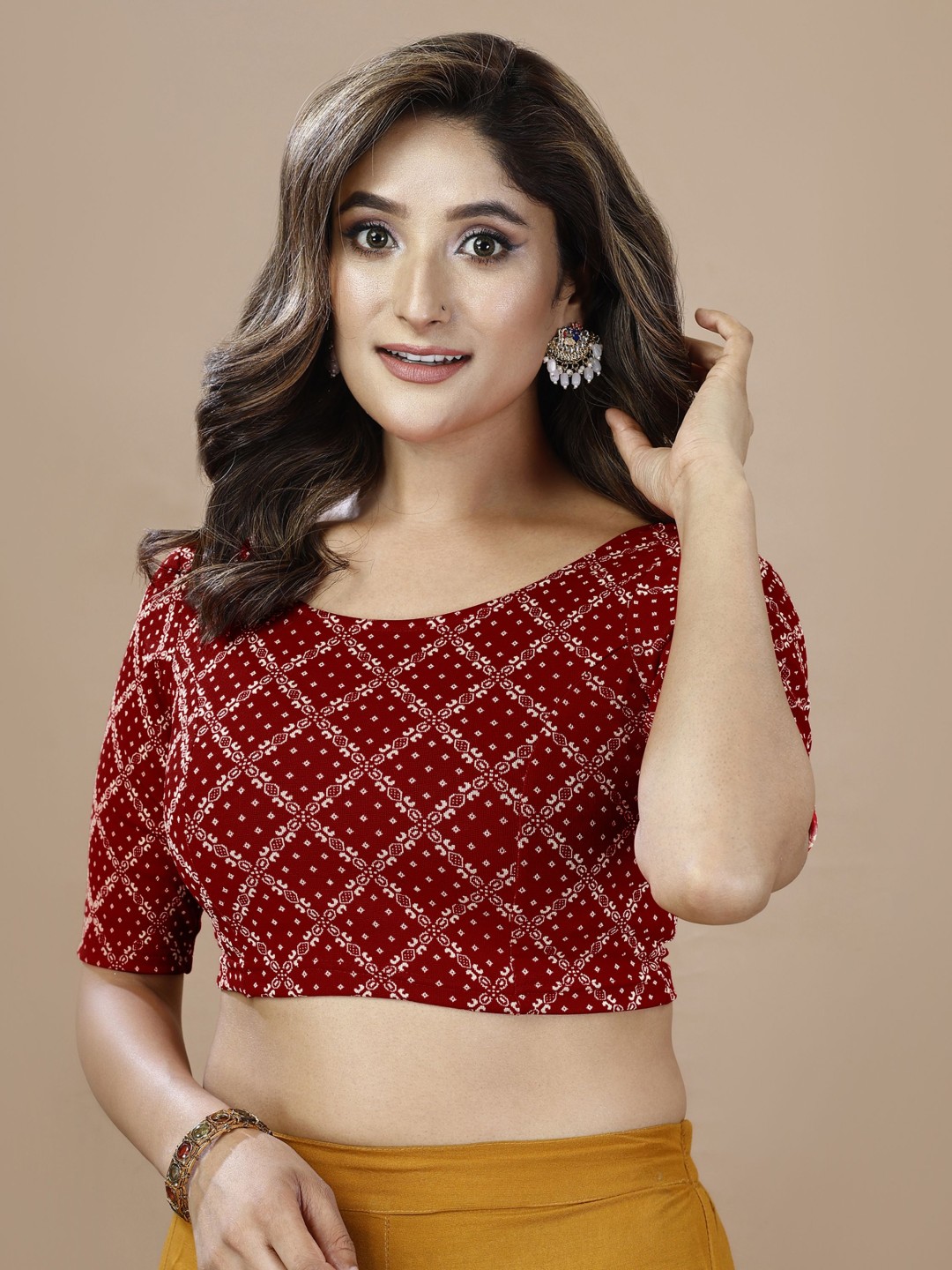 

Oomph! Printed Round Neck Saree Blouse, Maroon