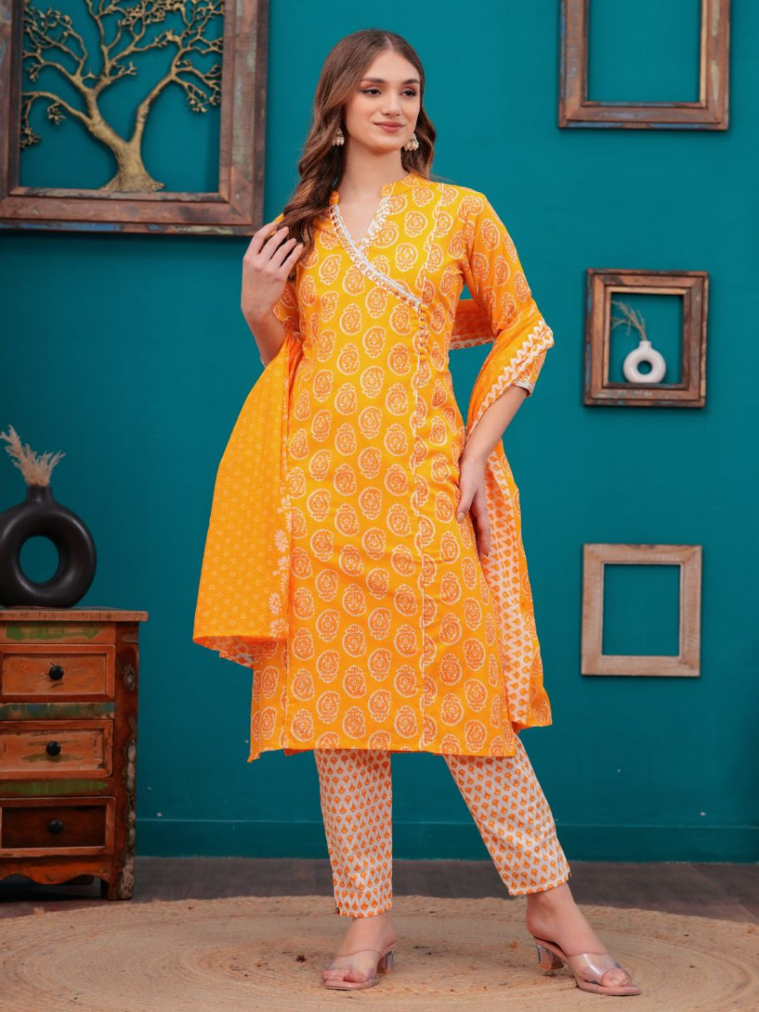 

KALINI Paisley Printed Mirror Work Pure Cotton Straight Kurta with Trousers & With Dupatta, Yellow