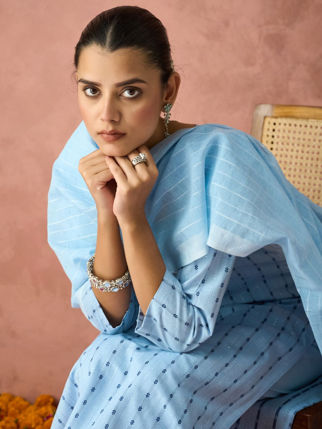 

KALINI Woven Design Straight Kurta With Trouser And Dupatta, Blue