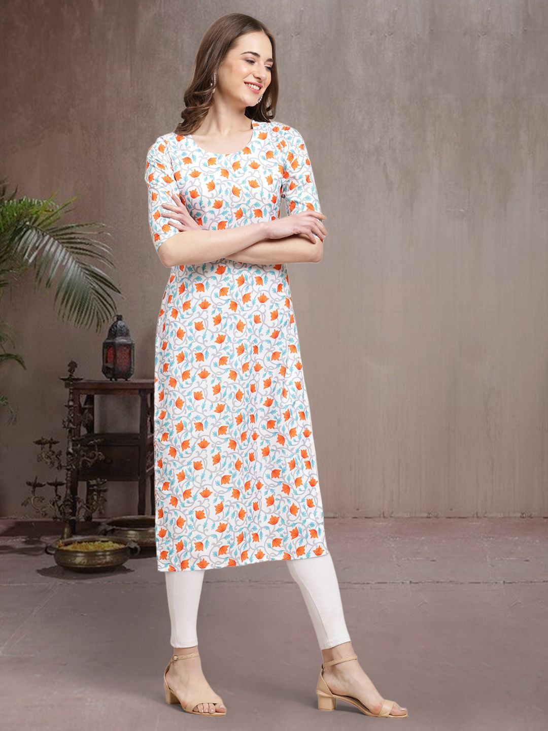 

7Threads Floral Printed Straight Kurta, White