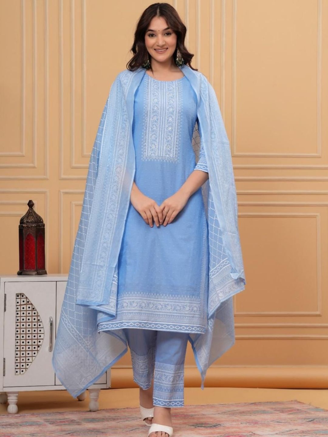 

PRETTY PALLU Ethnic Motifs Yoke Design Straight Kurta with Trousers & Dupatta, Blue