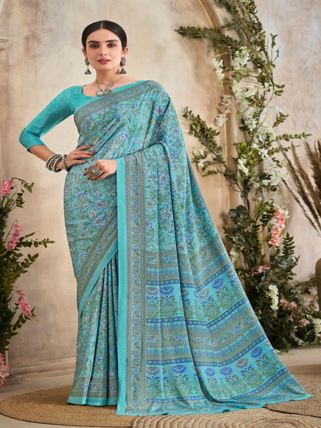

Reboot Fashions Floral Pure Crepe Saree, Blue