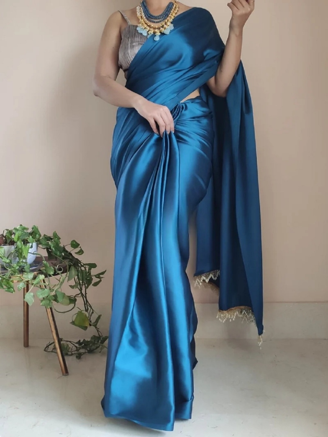 

APNISHA Beads and Stones Satin Saree, Blue