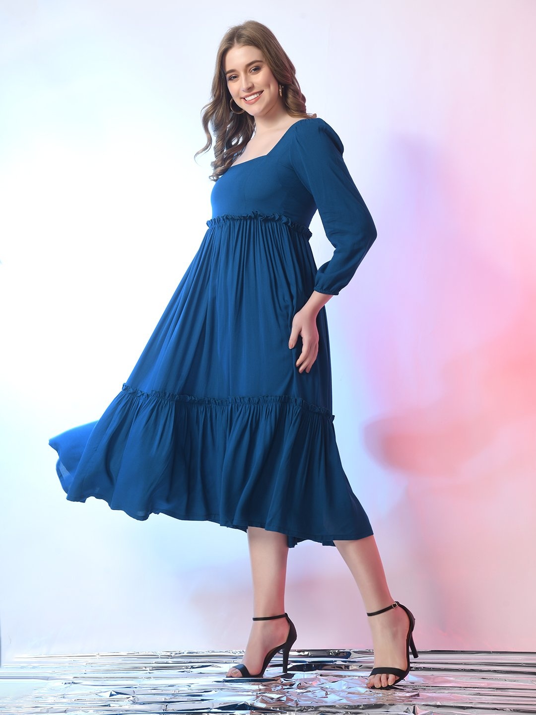 

Raiyani Enterprise Women Crepe Fit & Flare Tiered Midi Dress, Blue