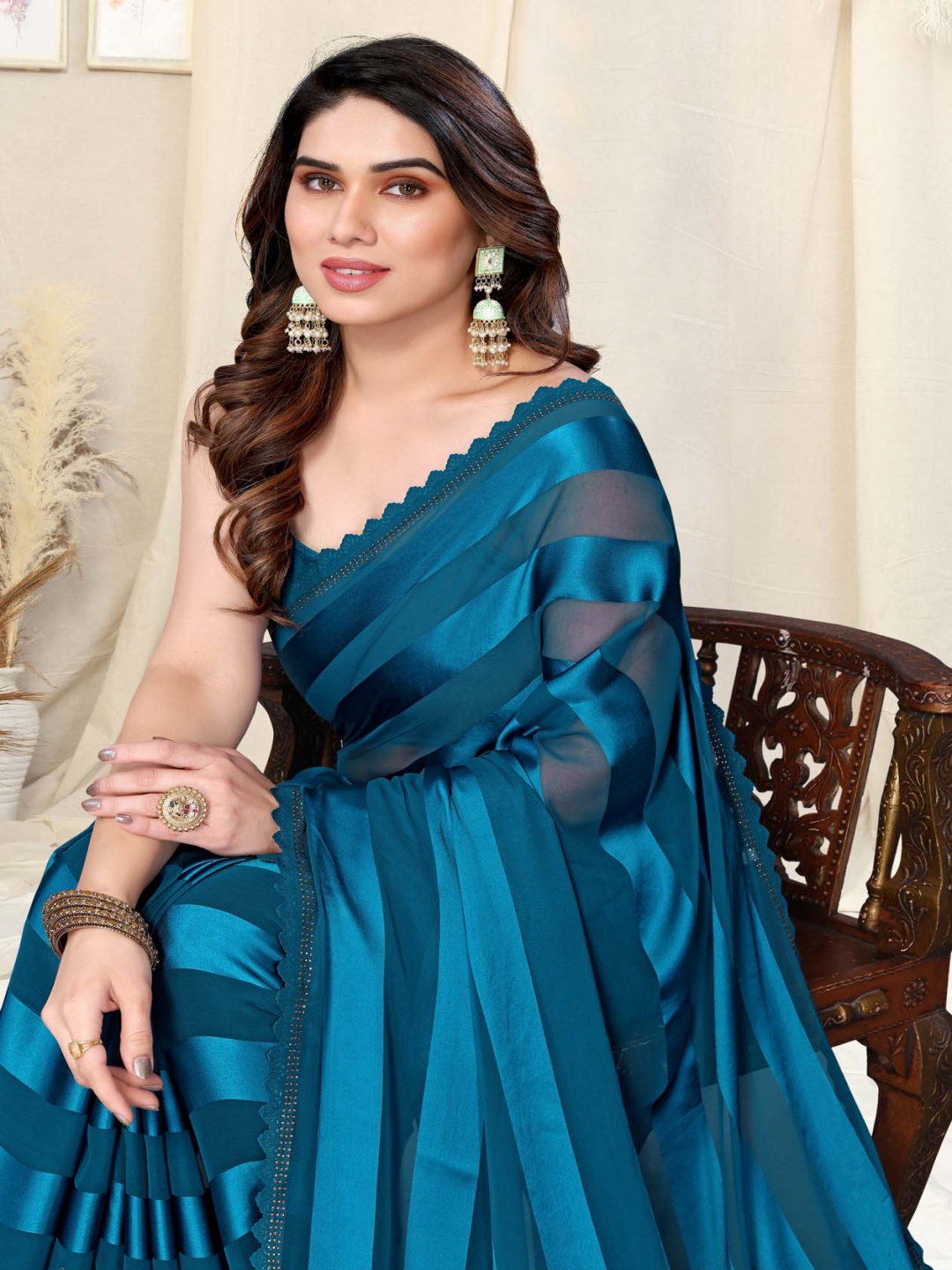 

MIRCHI FASHION Woven Design Striped Ready to Wear Saree, Blue
