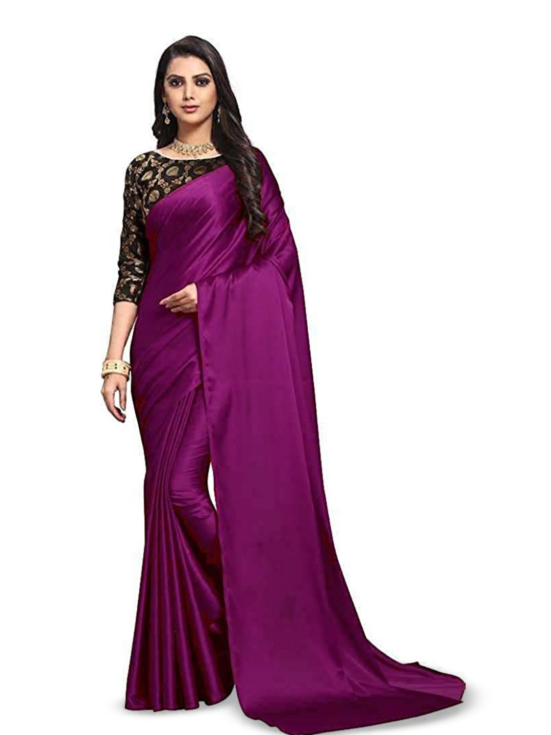 

Aruna Sarees Satin Saree, Purple