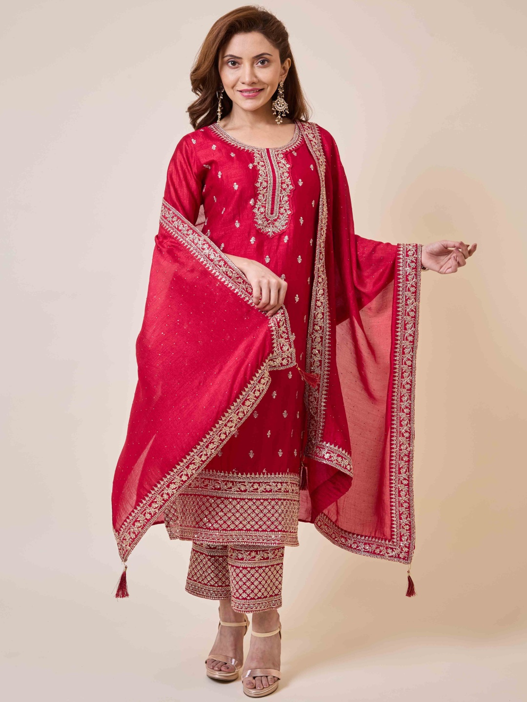 

Peachmode Floral Embroidered Sequinned Kurta With Trouser And Dupatta, Red