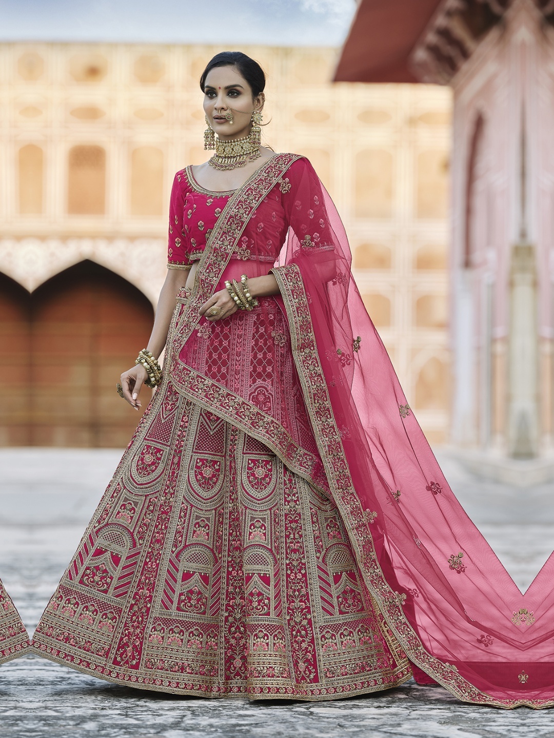 

Fusionic Embroidered Velvet Semi-Stitched Lehenga & Unstitched Blouse With Dupatta, Pink