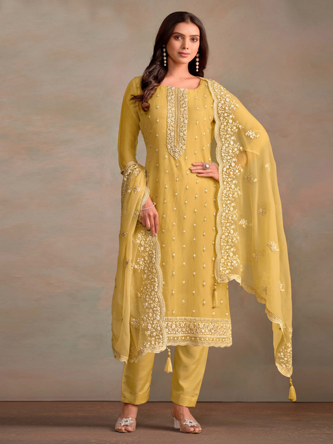 

ASISA Floral Embroidered Thread Work Organza Straight Kurta With Trousers & Dupatta, Yellow