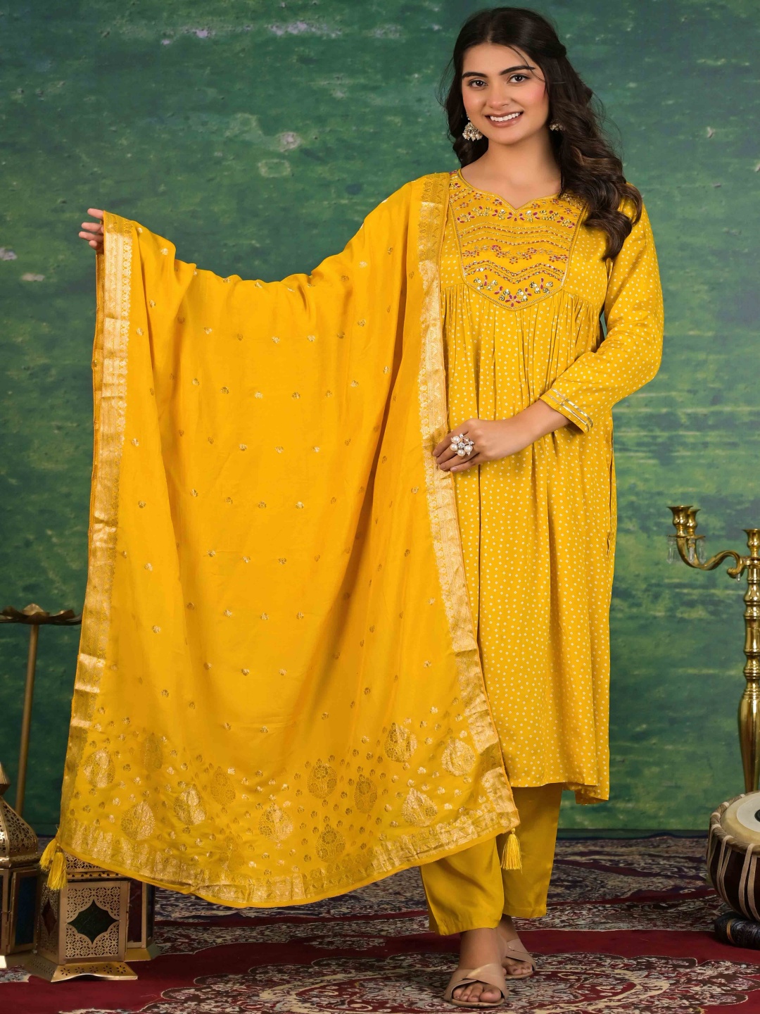 

Peachmode Bhandani Embroidered Anarkali Kurta With Trousers And Dupatta, Mustard