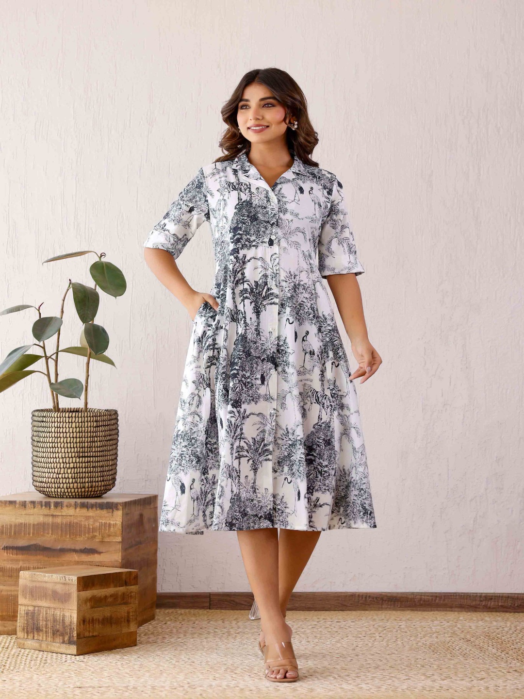 

FLAVIA CREATION Printed Cotton Shirt Dress, Off white
