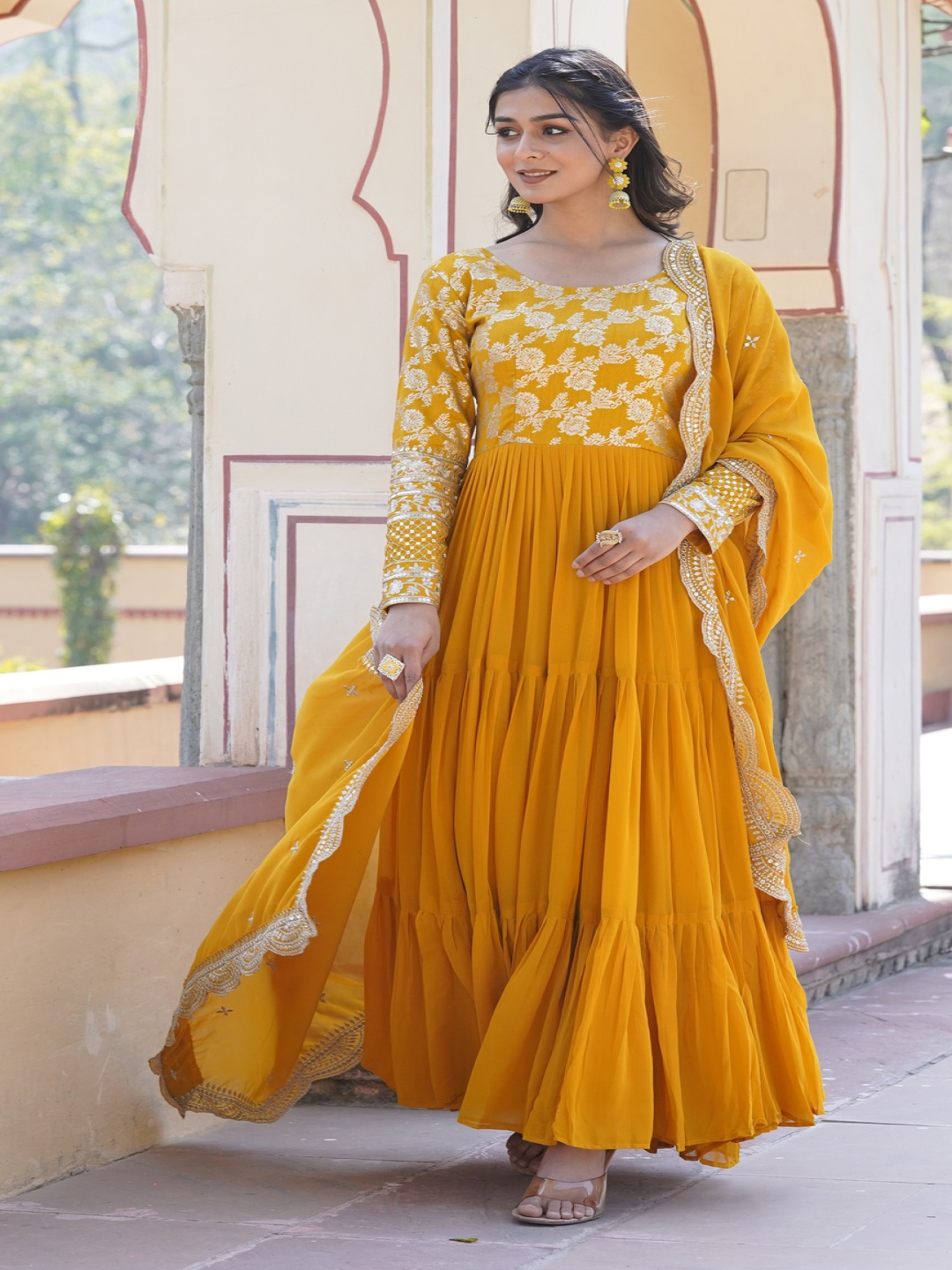 

KALINI Floral Woven Design Sequinned Tiered Anarkali Kurta With Duppatta, Yellow