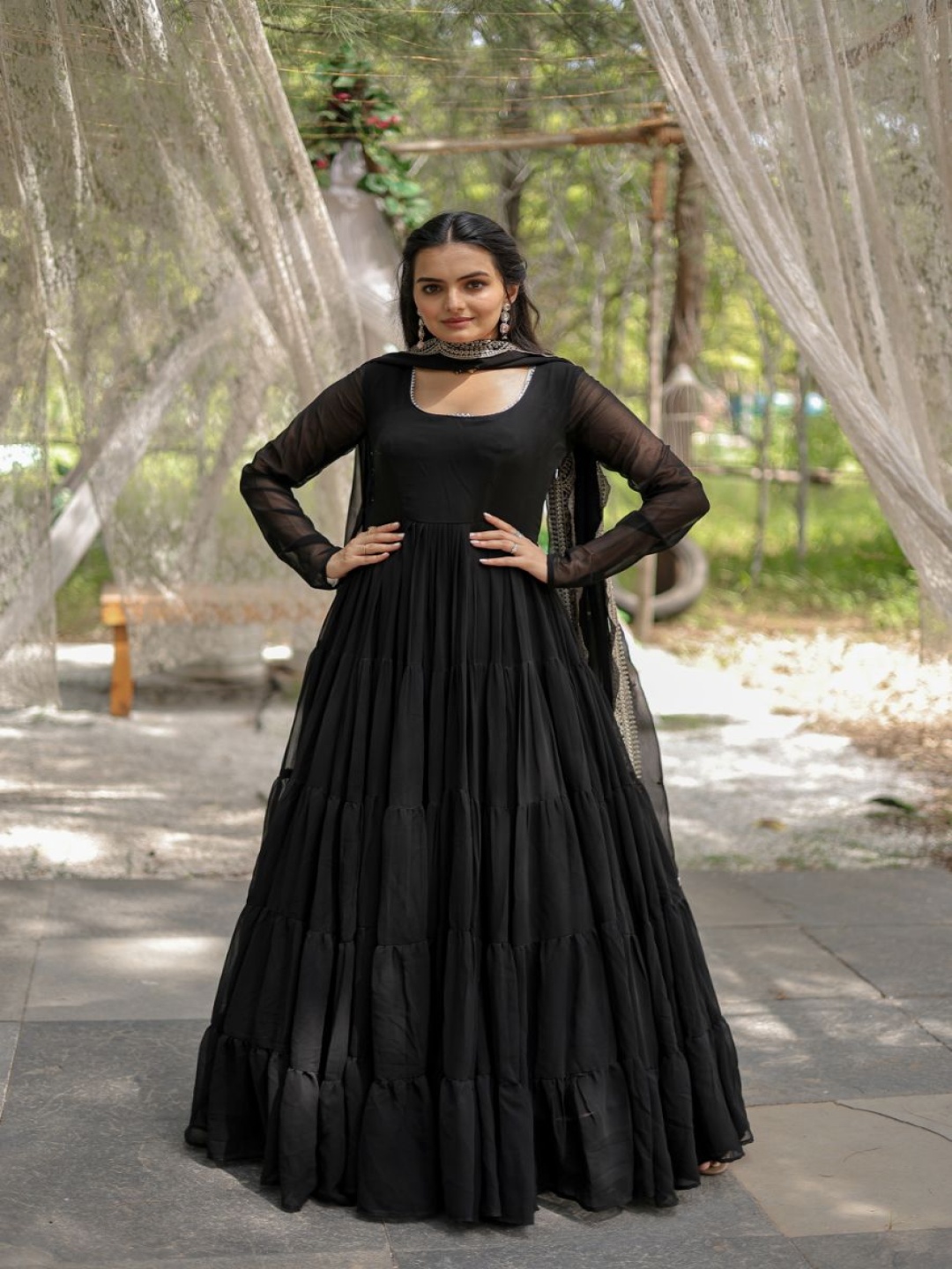

JATRIQQ Women Embroidered Ethnic Dress With Dupatta, Black