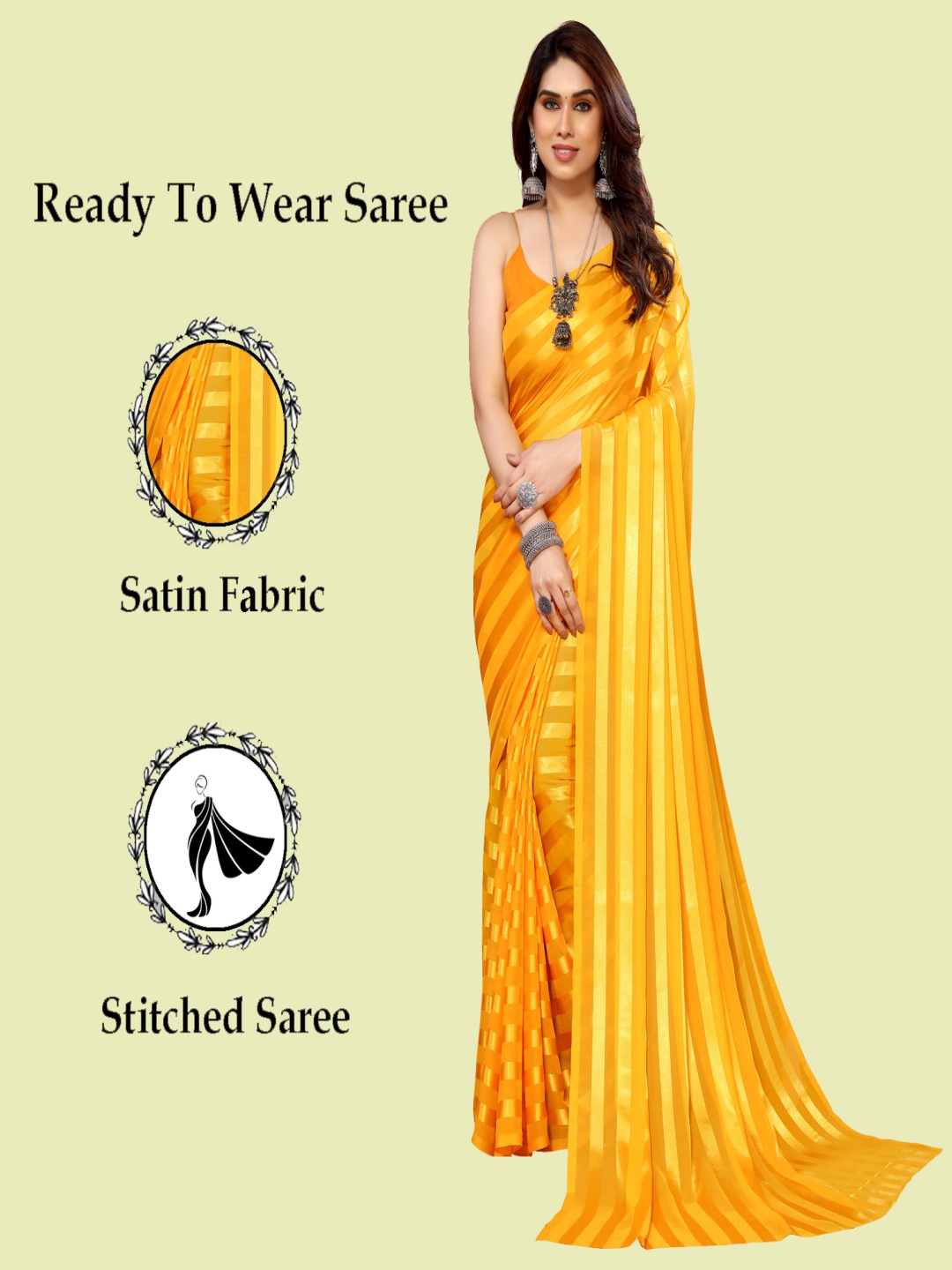 

ANAND SAREES Striped Satin Ready to Wear Saree, Yellow