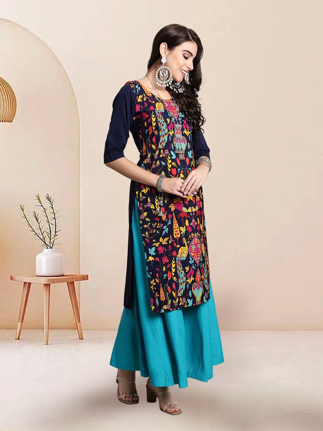 

7Threads Women Ethnic Motifs Printed Floral Crepe Kurta, Blue