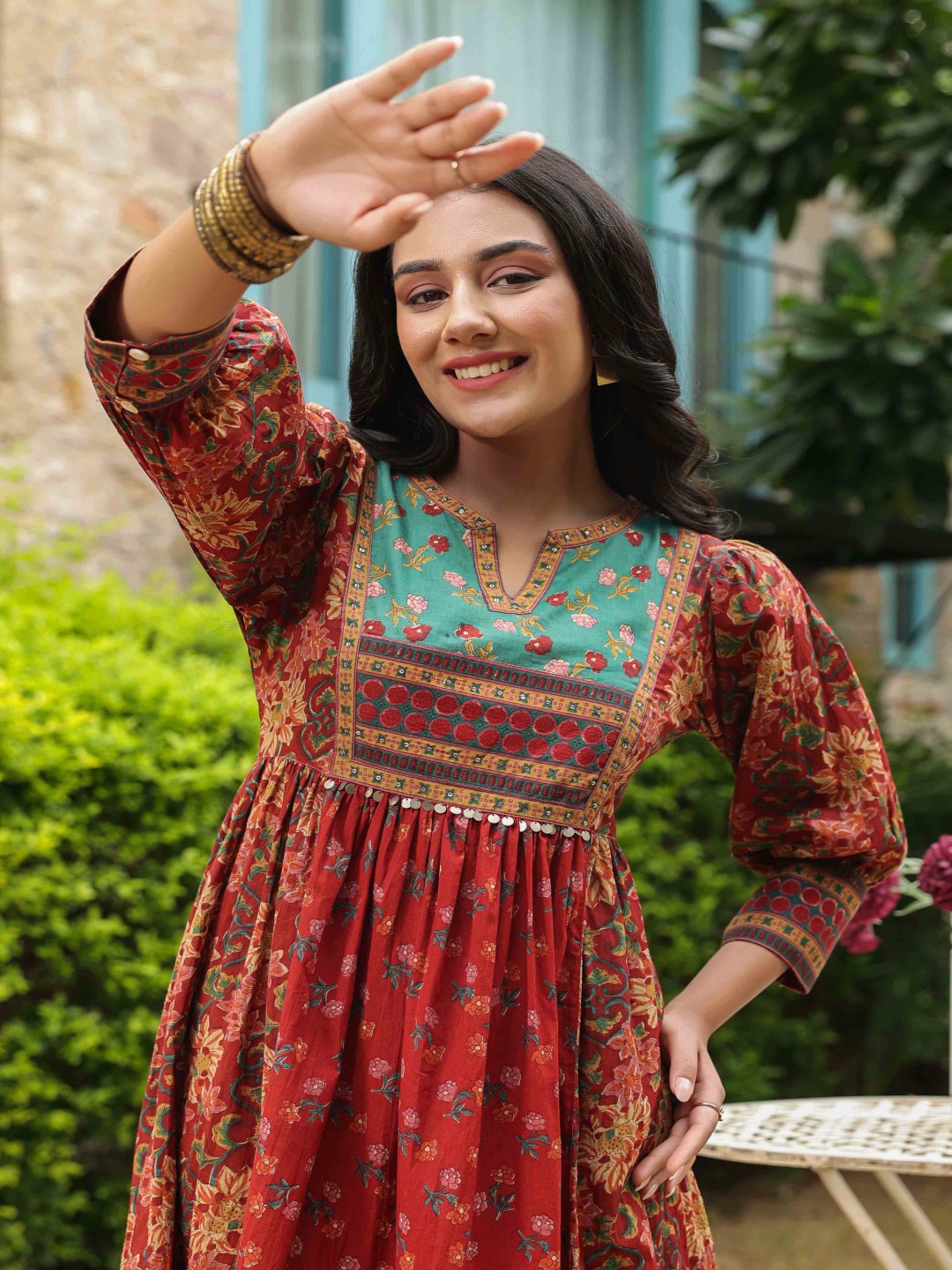 

Jaipur Morni Floral Printed Fit & Flare Cotton Maxi Dress, Red