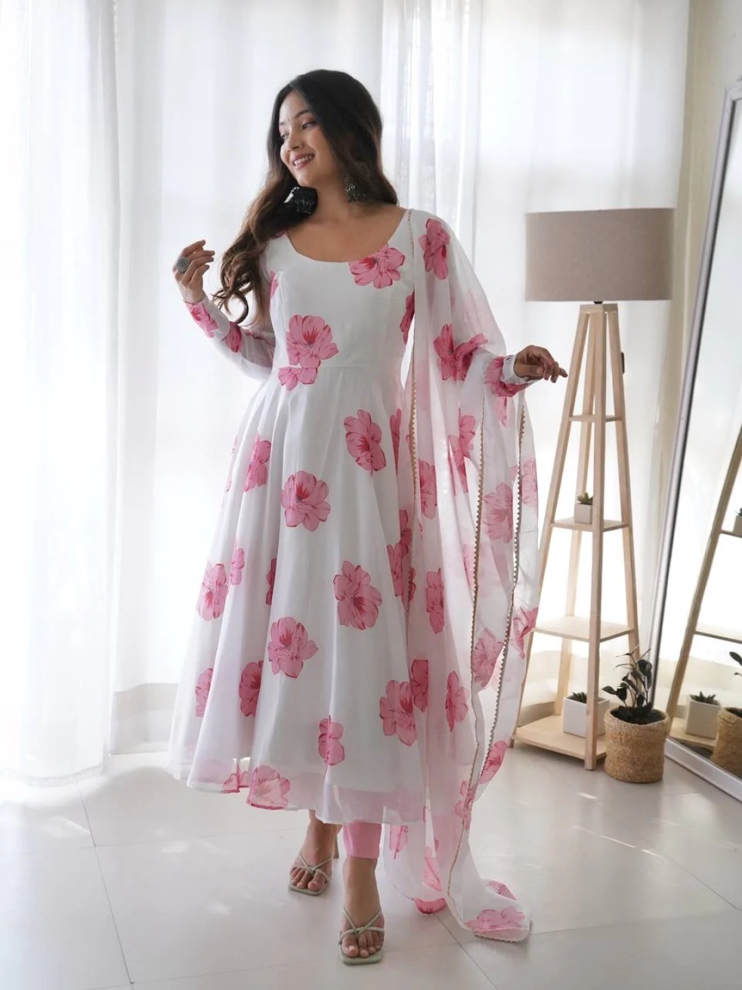 

KALINI Floral Printed Anarkali Kurta with Trousers & With Dupatta, White