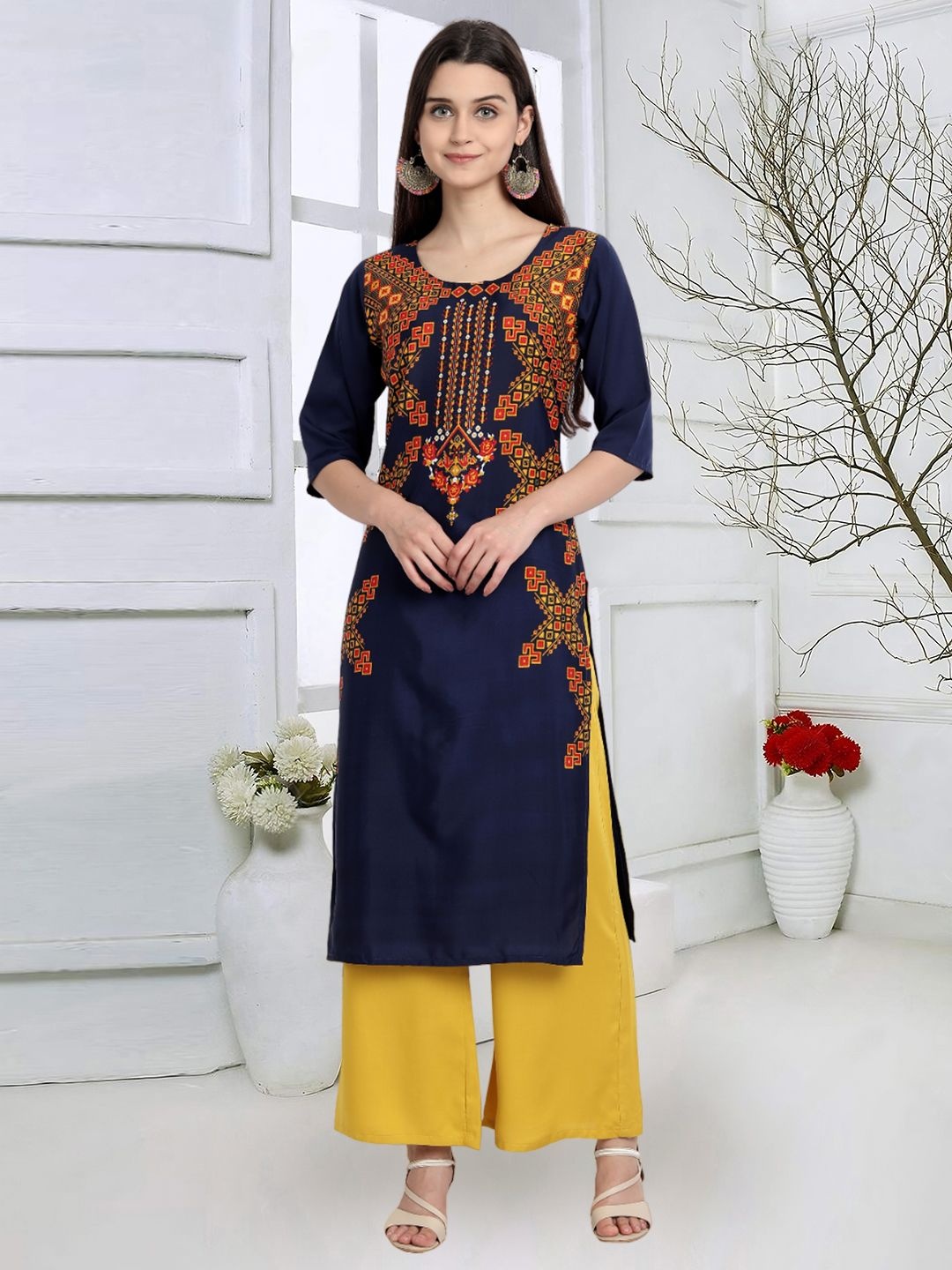 

7Threads Geometric Printed Round Neck Machine Weave Straight Kurta, Navy blue