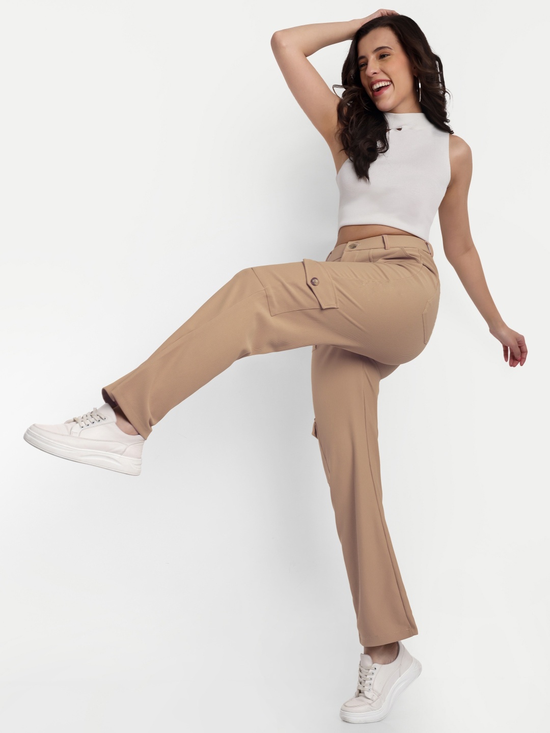 

Next One Women Smart Straight Fit High-Rise Corduroy Chinos Trousers, Beige