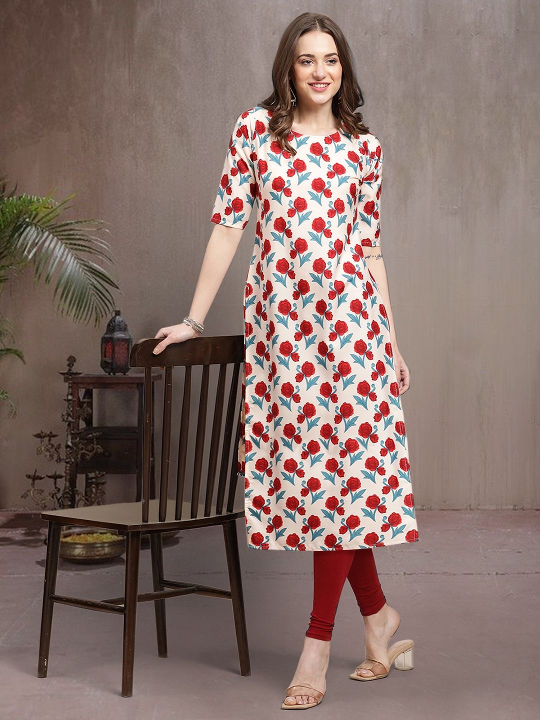 

7Threads Floral Printed Crepe Straight Kurta, Red