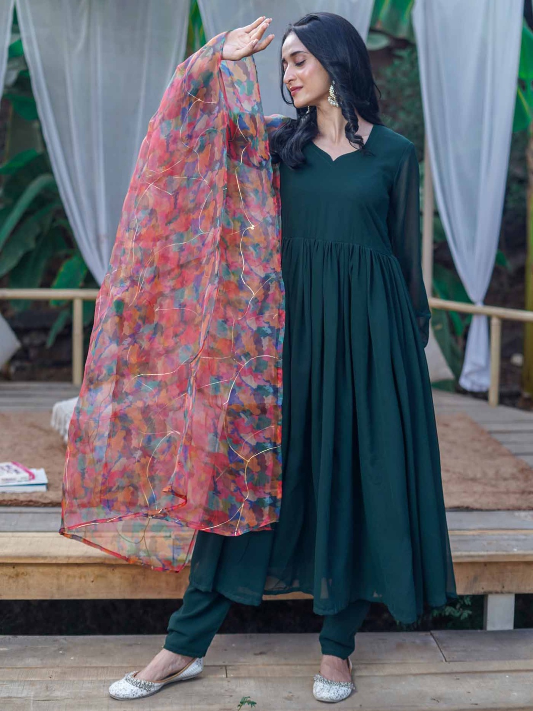 

GO BOUJEE Women Tiered Kurta with Trousers & With Dupatta, Green