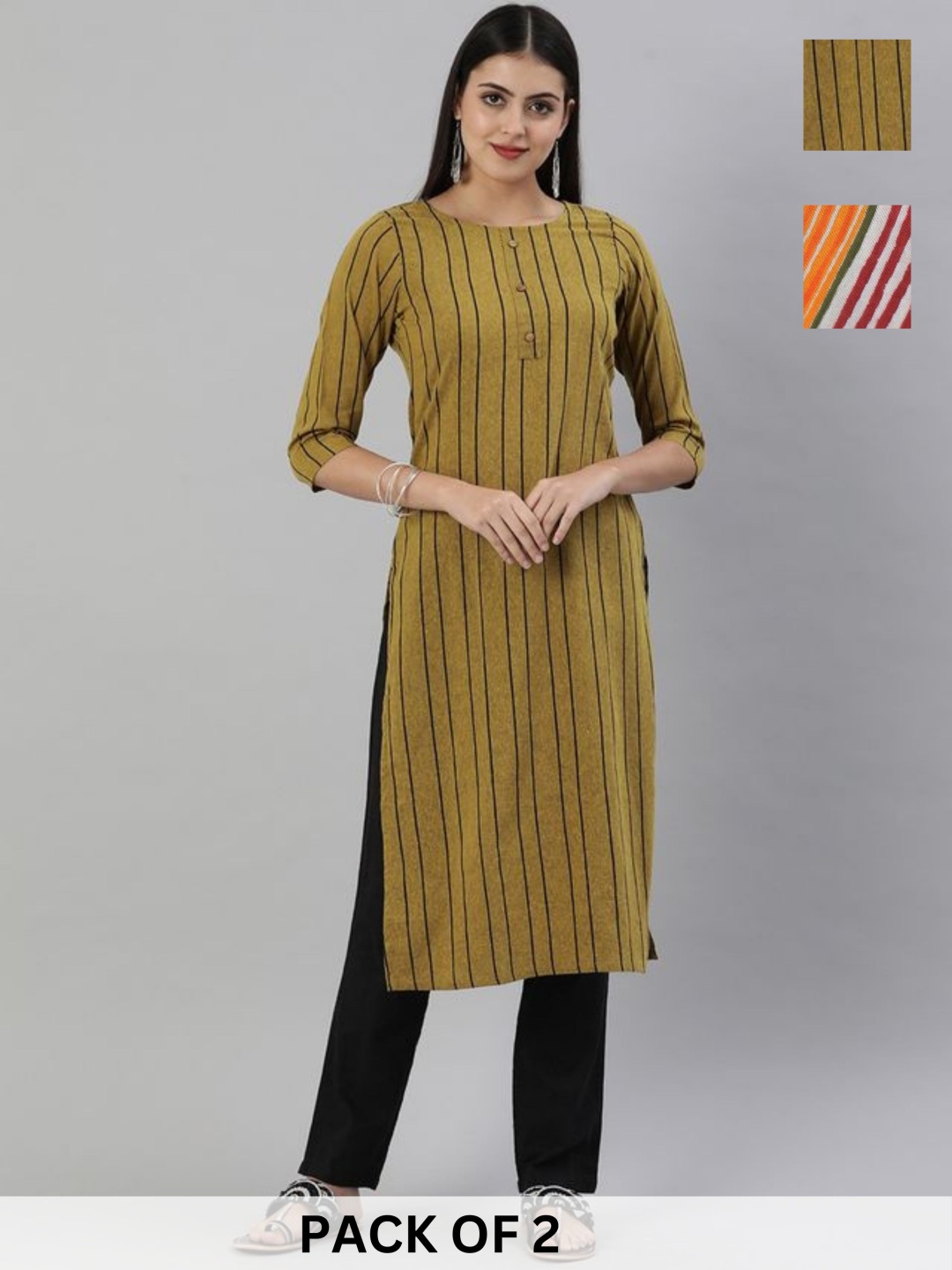 

KALINI Selection Of 2 Striped Round Neck Machine Weave Straight Kurta, Mustard