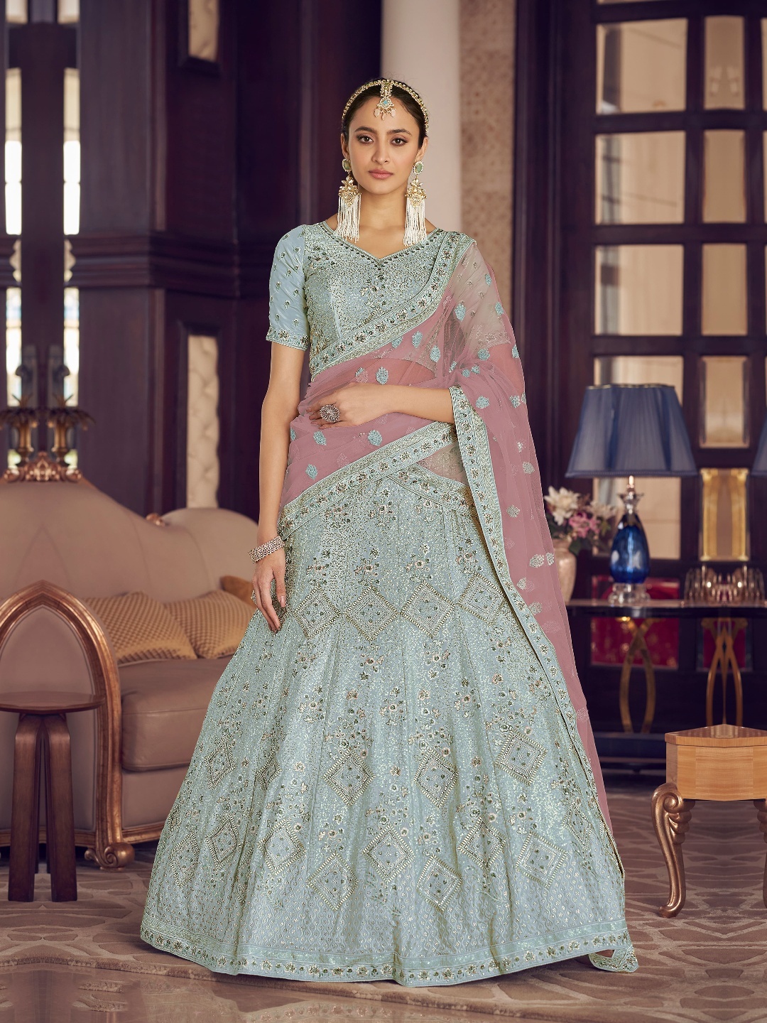 

Fusionic Embroidered Semi-Stitched Lehenga & Unstitched Blouse With Dupatta, Turquoise blue