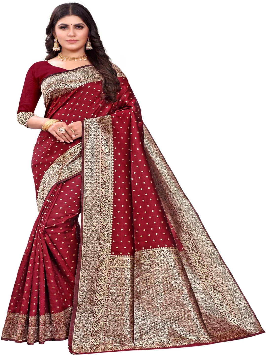 

QENY Woven Design Zari Banarasi Saree, Maroon