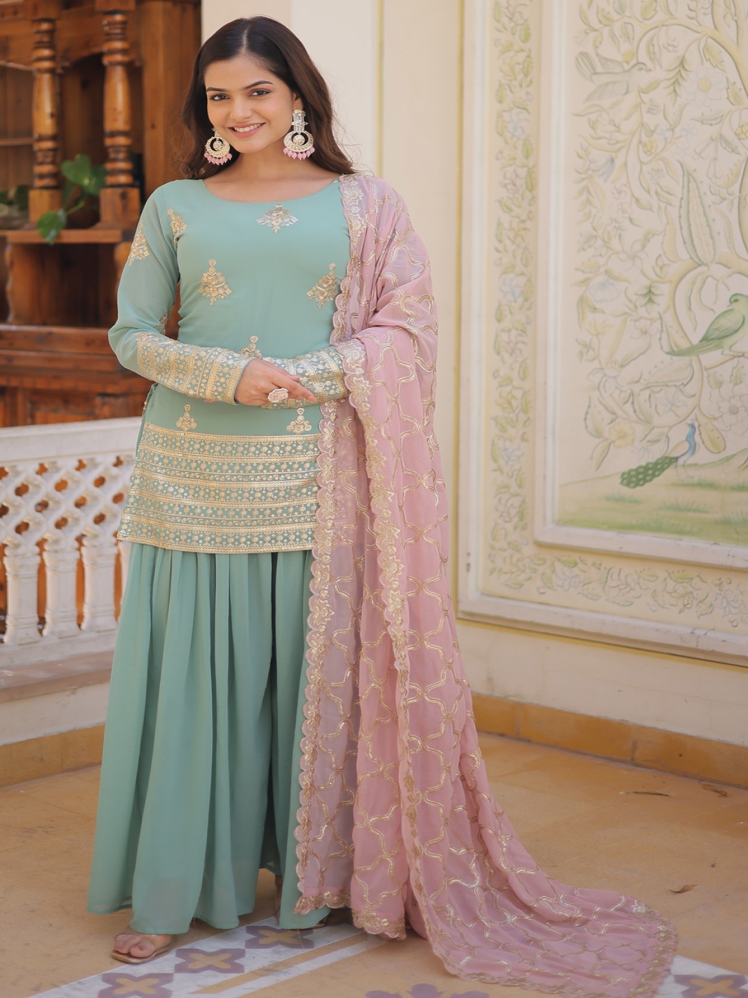 

KALINI Ethnic Motifs Embroidered Kurta With Palazzos & Dupatta, Green