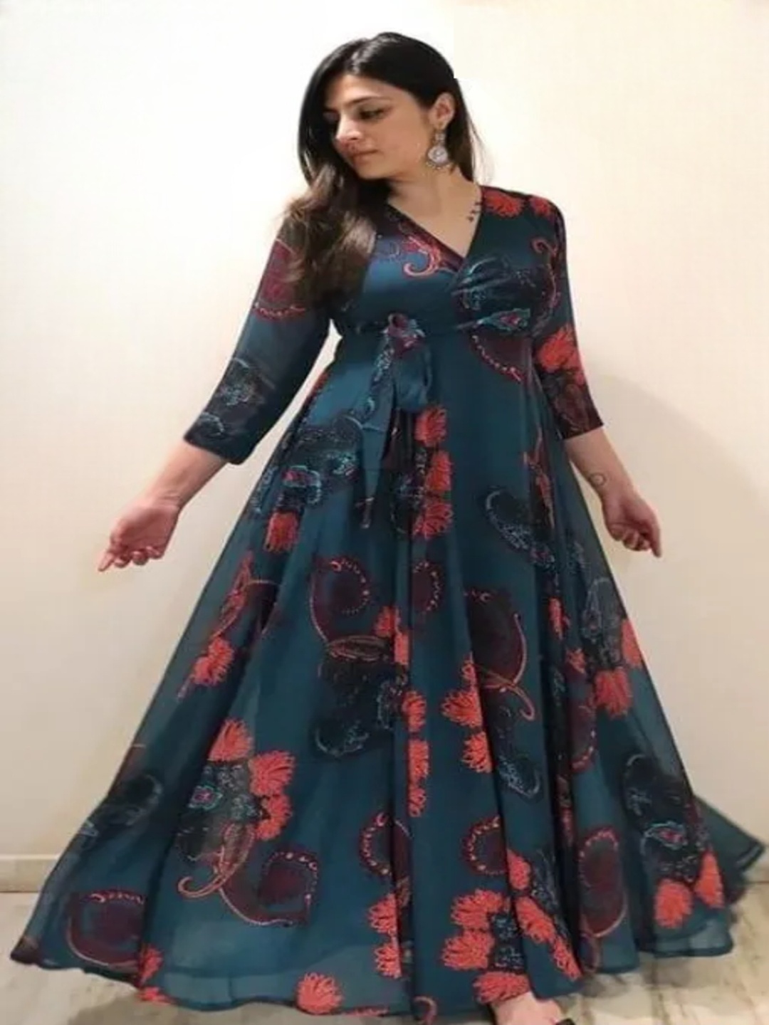

KALINI Floral Print Fringed Georgette Fit & Flare Maxi Dress, Blue