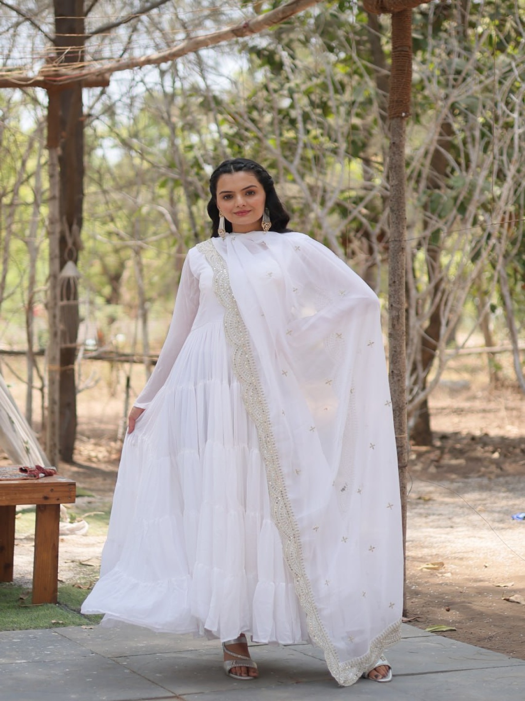 

JATRIQQ Women Georgette Embroidered Tiered Gown Ethnic Dress Comes with a Dupatta, White