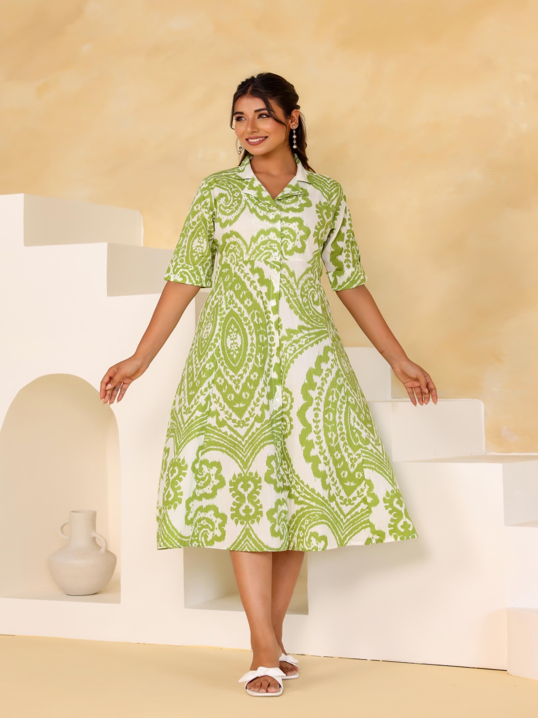 

FLAVIA CREATION Printed Cotton Shirt Midi Dress, Green