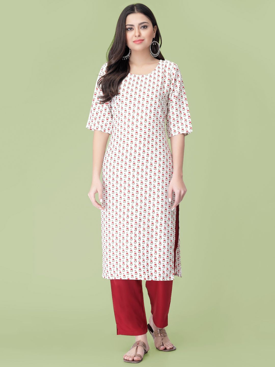 

7Threads Floral Printed Round Neck Straight Kurta With Trousers, White