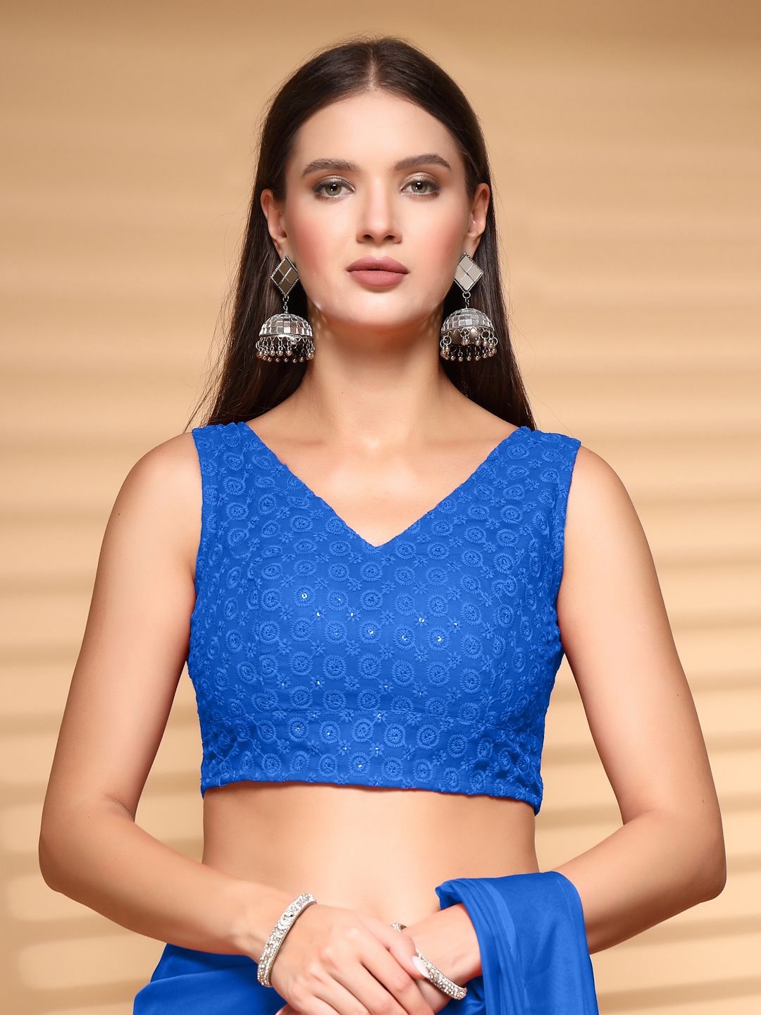 

Oomph! Embroidered V Neck Saree Blouse, Blue