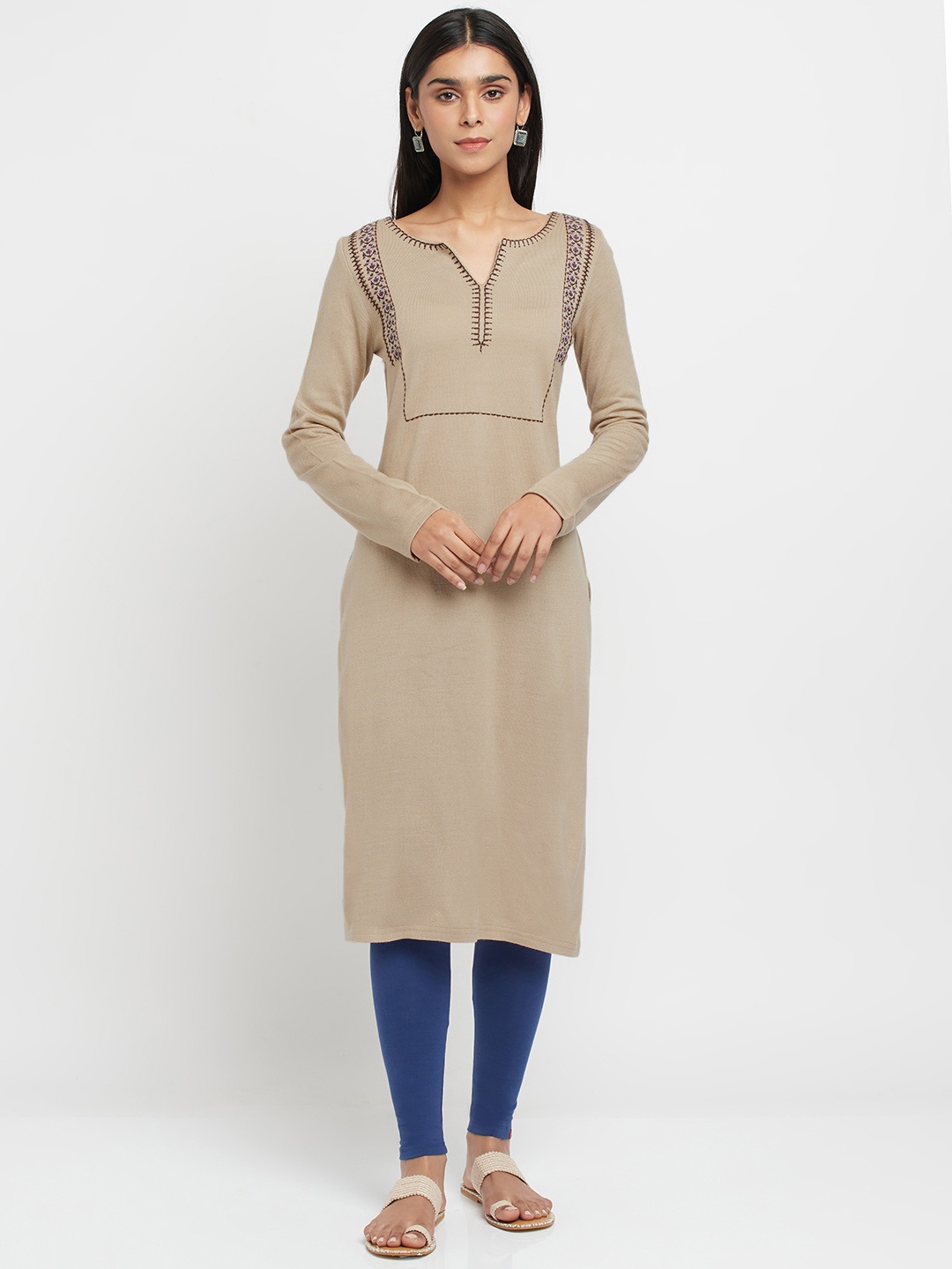 

W Floral Embroidered Thread Work Acrylic Straight Kurta, Beige