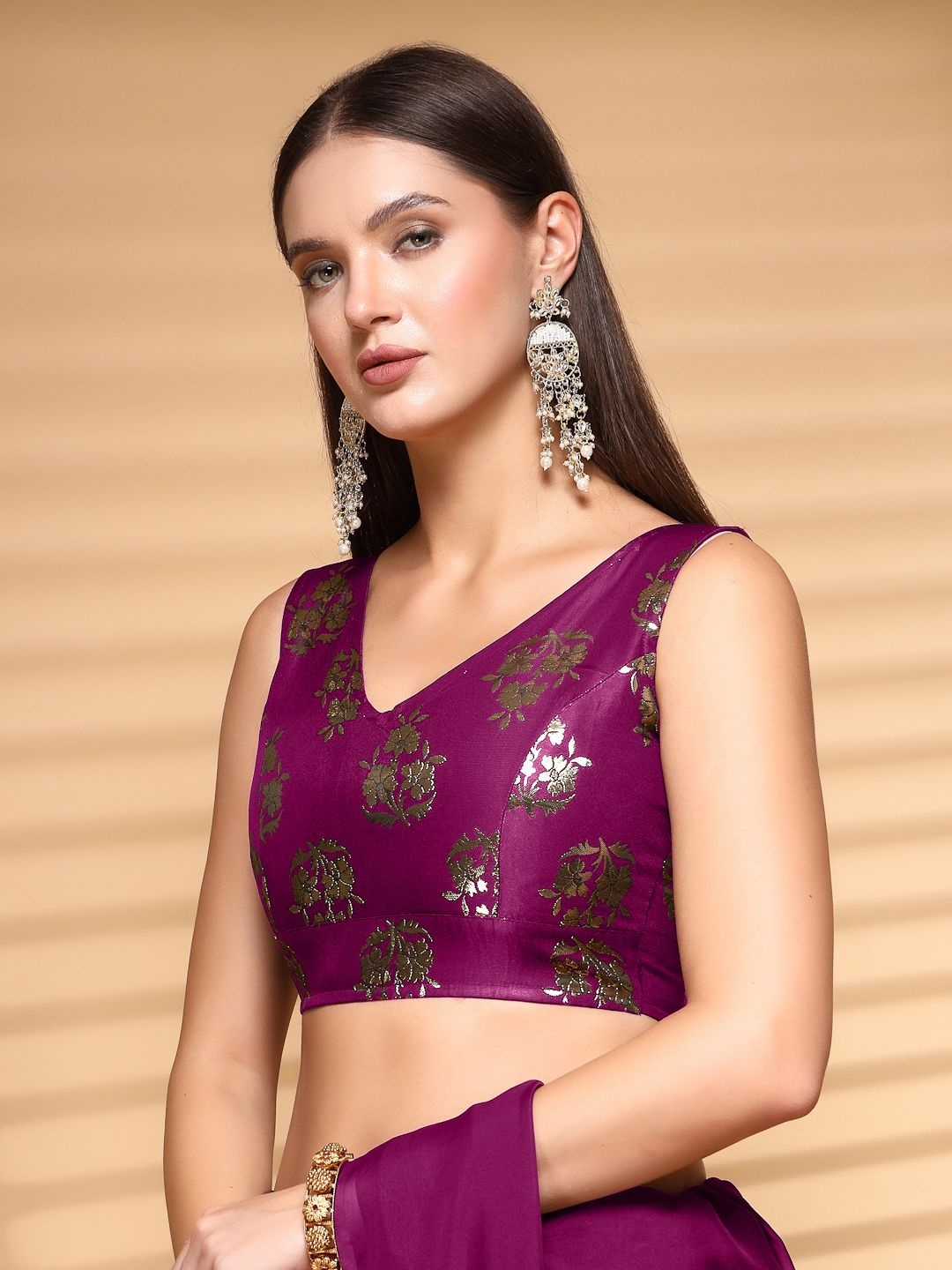 

Oomph! Non Padded V Neck Saree Jacquard Blouse, Fuchsia