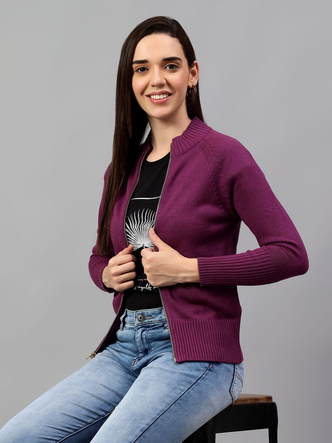 

Cantabil Women Turtle Neck Full Sleeve Cardigan, Purple