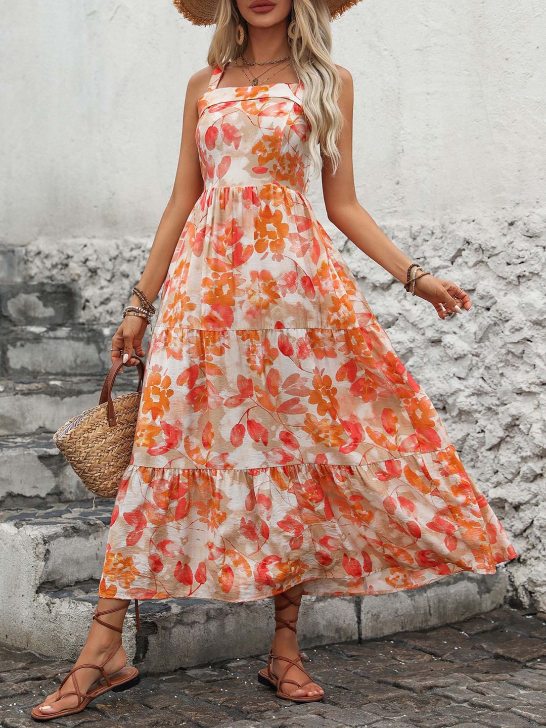 

LULU & SKY Floral Printed Tiered Fit & Flare Midi Dress, Orange