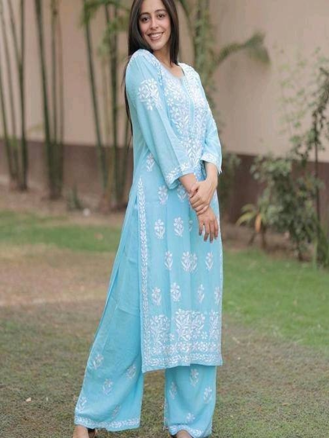 

Rujave Floral Embroidered Lucknowi Chikankari Kurta with Palazzos, Turquoise blue