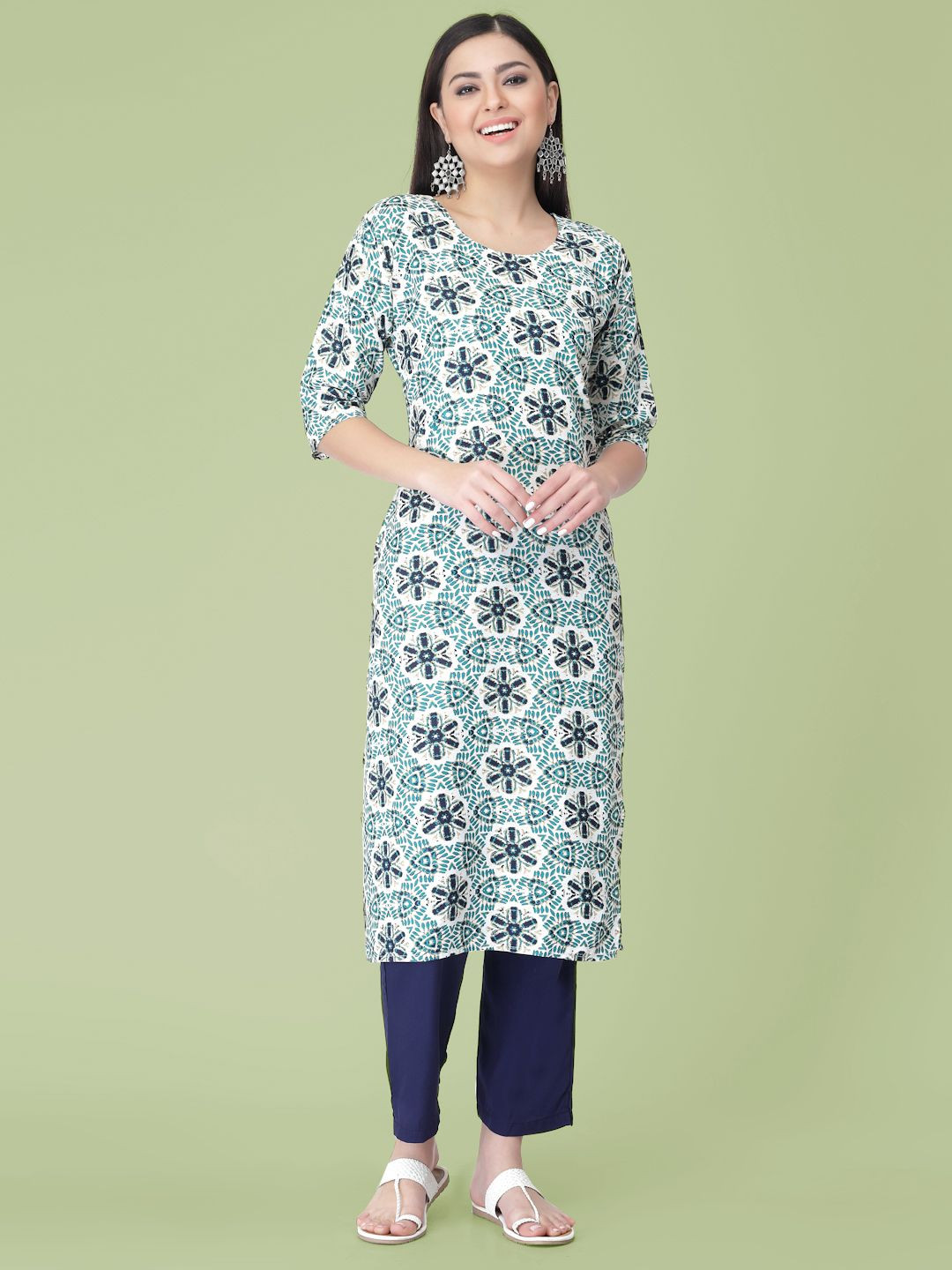 

7Threads Ethnic Motifs Printed Sraight Kurta With Trousers, White