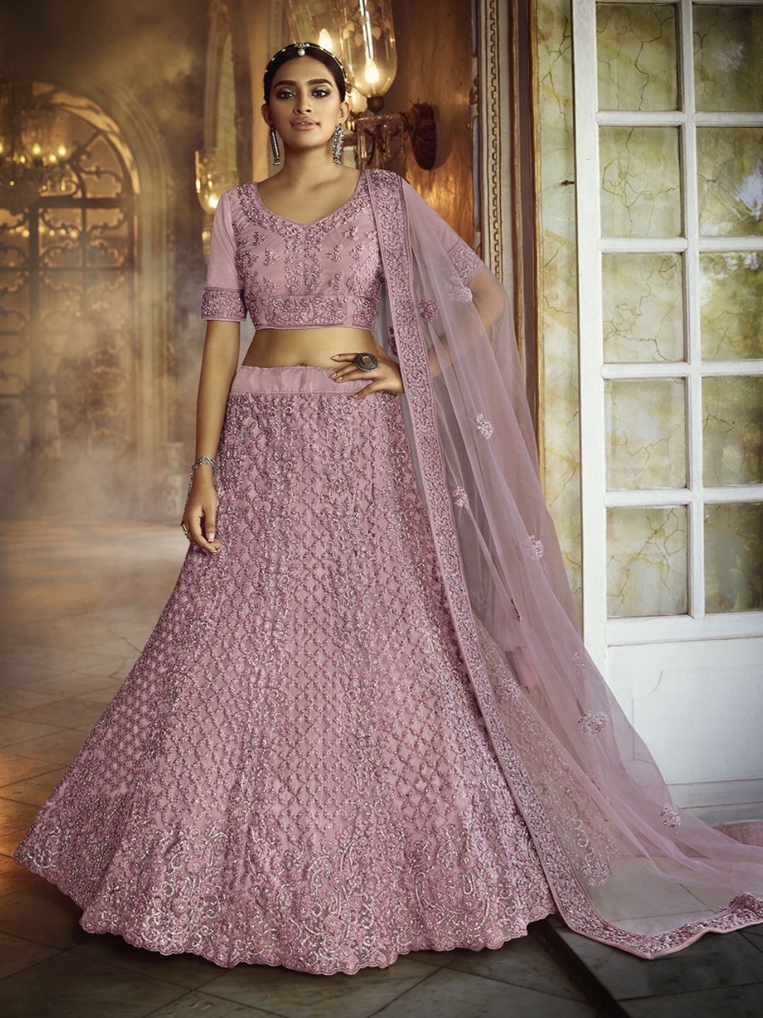 

Fusionic Embroidered Net Semi-Stitched Lehenga & Unstitched Blouse With Dupatta, Pink