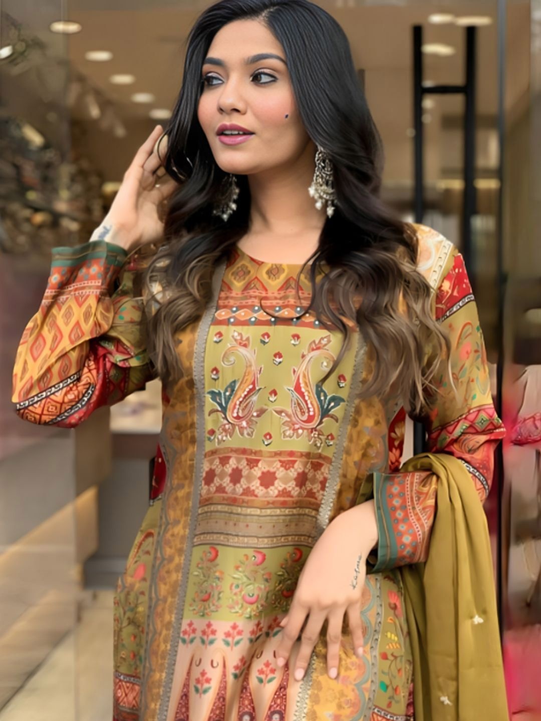 

REALLTREND Ethnic Motifs Printed Sequinned Kurta with Trouser & Dupatta, Olive