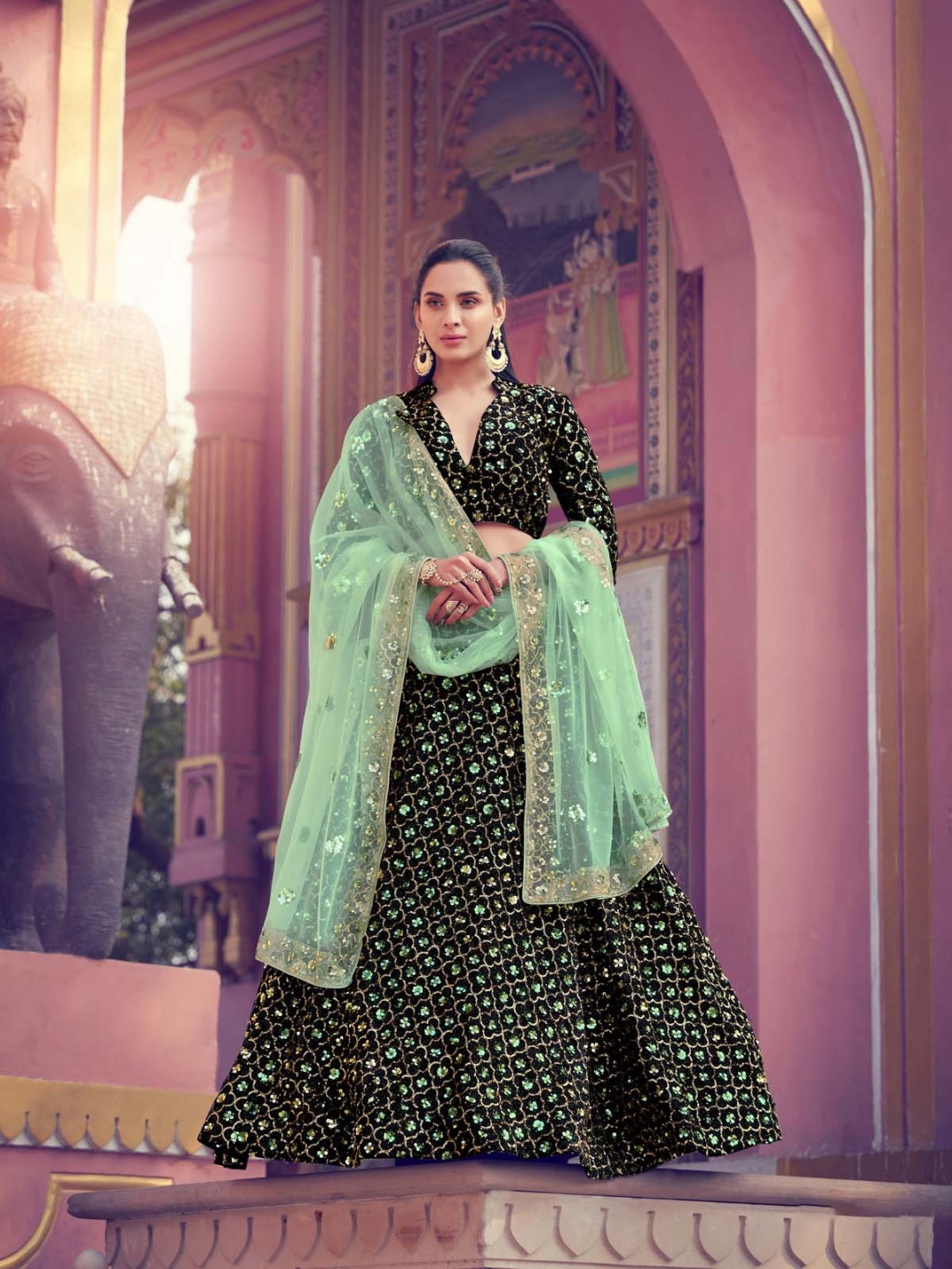 

Fusionic Floral Embroidered Sequinned Semi-Stitched Lehenga & Unstitched Blouse & Dupatta, Black