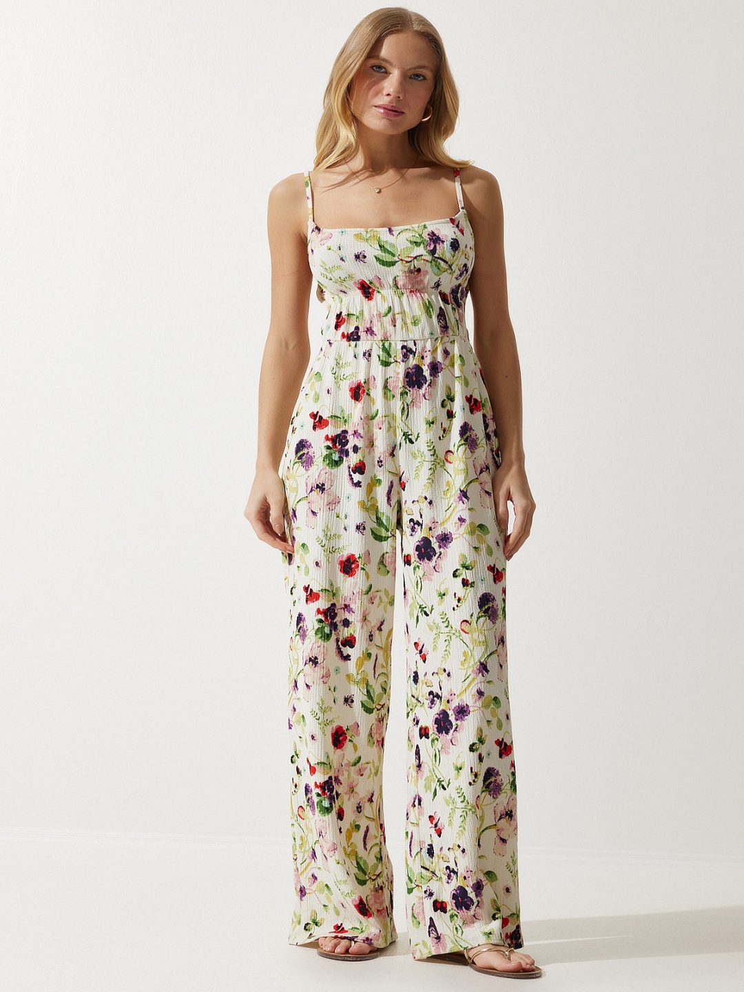 

Happiness istanbul Printed Shoulder Straps Basic Jumpsuit, White