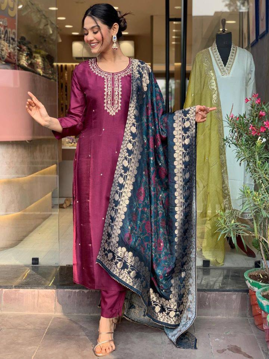 

KALINI Women Ethnic Motifs Embroidered Kurta with Trousers Set With Dupatta, Purple