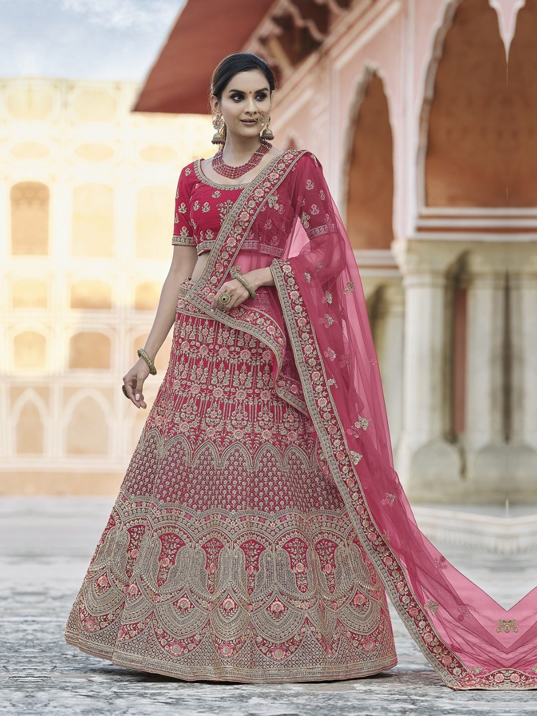 

Fusionic Embroidered Velvet Semi-Stitched Lehenga & Unstitched Blouse With Dupatta, Pink