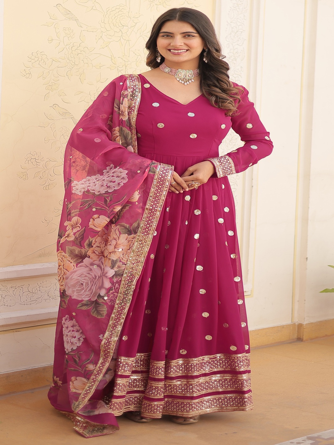 

KALINI Ethnic Motifs Embroidered V-Neck Georgette Anarkali Kurta With Dupatta, Pink